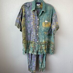 SPA Hawaiian Matching 2-Piece Rayon Button Down Shirt & Cropped Pants Size M EUC